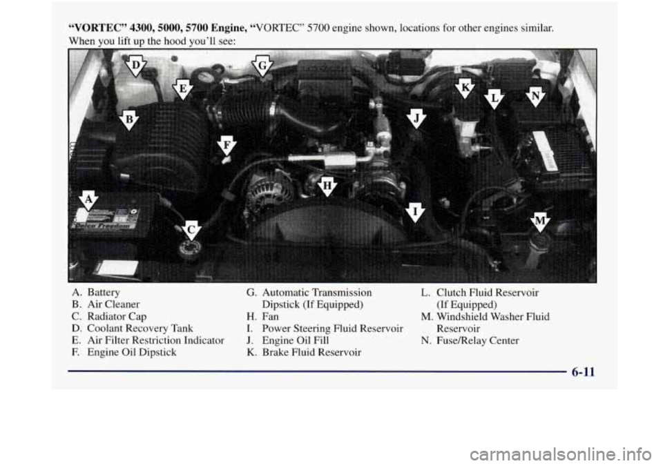 GMC SIERRA 1998 Owners Manual “VORTEC” 4300,5000,5700 Engine, “VORTEC” 5700 engine shown, locations for other engines similar.
When you lift
up the hood you’ll see:
A. Battery
G. Automatic Transmission L. Clutc GMC SIERRA 1998 Owners Manual “VORTEC” 4300,5000,5700 Engine, “VORTEC” 5700 engine shown, locations for other engines similar.
When you lift
up the hood you’ll see:
A. Battery
G. Automatic Transmission L. Clutc