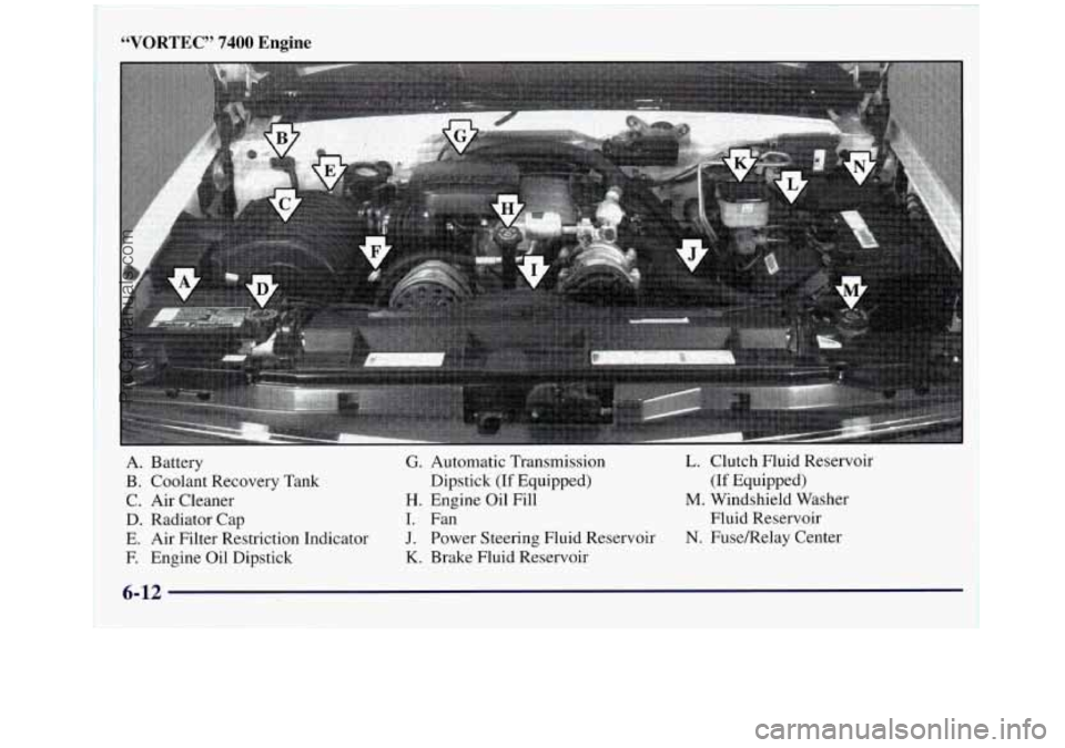 GMC SIERRA 1998 Owners Manual “VORTEC” 7400 Engine
A. Battery
B. Coolant Recovery Tank
C. Air Cleaner
D. Radiator Cap
E. Air Filter Restriction Indicator
F. Engine Oil Dipstick
G. Automatic Transmission L. Clutch Flui GMC SIERRA 1998 Owners Manual “VORTEC” 7400 Engine
A. Battery
B. Coolant Recovery Tank
C. Air Cleaner
D. Radiator Cap
E. Air Filter Restriction Indicator
F. Engine Oil Dipstick
G. Automatic Transmission L. Clutch Flui