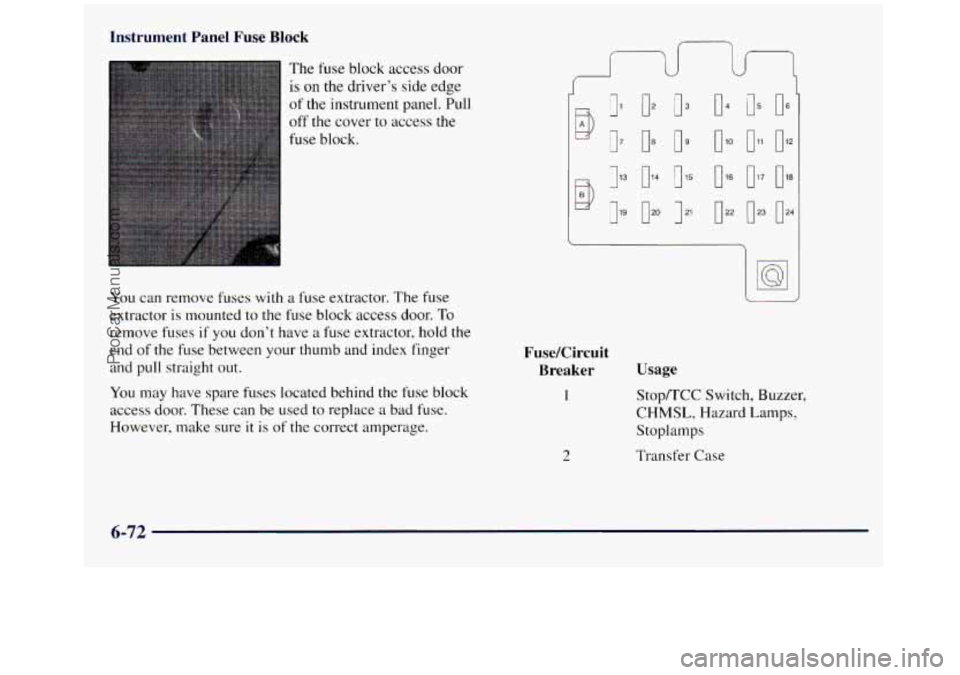GMC SIERRA 1998 Owners Manual Instrument Panel Fuse Block
The fuse block access door
is on the driver’s side edge
of the instrument panel. Pull
off the cover to access the
fuse block.
You can remove
fuses with a GMC SIERRA 1998 Owners Manual Instrument Panel Fuse Block
The fuse block access door
is on the driver’s side edge
of the instrument panel. Pull
off the cover to access the
fuse block.
You can remove
fuses with a