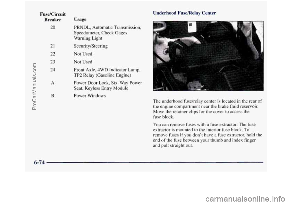 GMC SIERRA 1998 Owners Manual Fuse/Circuit Breaker Usage
20
21
22
23
24
A
B
PRNDL, Automatic Transmission,
Speedometer, Check Gages
Warning Light
Security/Steering
Not Used
Not Used
Front Axle,
4WD Indicator Lamp, GMC SIERRA 1998 Owners Manual Fuse/Circuit Breaker Usage
20
21
22
23
24
A
B
PRNDL, Automatic Transmission,
Speedometer, Check Gages
Warning Light
Security/Steering
Not Used
Not Used
Front Axle,
4WD Indicator Lamp,