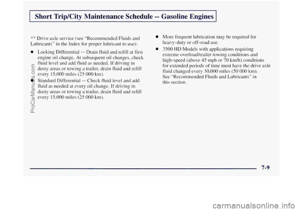GMC SIERRA 1998 Owners Manual 1 Short Trip/City Maintenance Schedule -- Gasoline Engines I
4:::: Drive axle service (see "Recommended Fluids and
Lubricants"
in the Index for proper lubricant to use):
0 Locking Diffe GMC SIERRA 1998 Owners Manual 1 Short Trip/City Maintenance Schedule -- Gasoline Engines I
4:::: Drive axle service (see "Recommended Fluids and
Lubricants"
in the Index for proper lubricant to use):
0 Locking Diffe