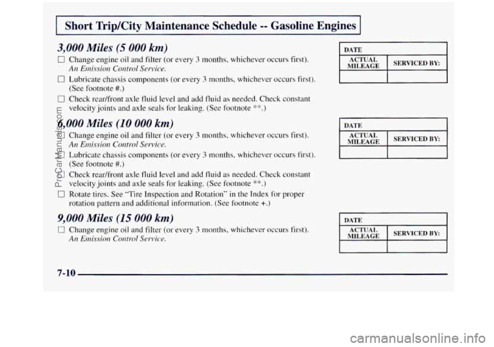 GMC SIERRA 1998 Owners Manual I Short TripKity Maintenance Schedule -- Gasoline Engines I
3,000 Miles (5 000 km)
Ci Change engine oil and filter (or every 3 months, whichever occurs first).
0 Lubricate chassis components (o GMC SIERRA 1998 Owners Manual I Short TripKity Maintenance Schedule -- Gasoline Engines I
3,000 Miles (5 000 km)
Ci Change engine oil and filter (or every 3 months, whichever occurs first).
0 Lubricate chassis components (o