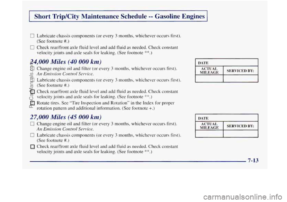 GMC SIERRA 1998 Owners Manual I Short Trip/City Maintenance Schedule -- Gasoline Engines I
0 Lubricate chassis components (or every 3 months, whichever occurs first).
0 Check rearlfront axle fluid level and add fluid as n GMC SIERRA 1998 Owners Manual I Short Trip/City Maintenance Schedule -- Gasoline Engines I
0 Lubricate chassis components (or every 3 months, whichever occurs first).
0 Check rearlfront axle fluid level and add fluid as n