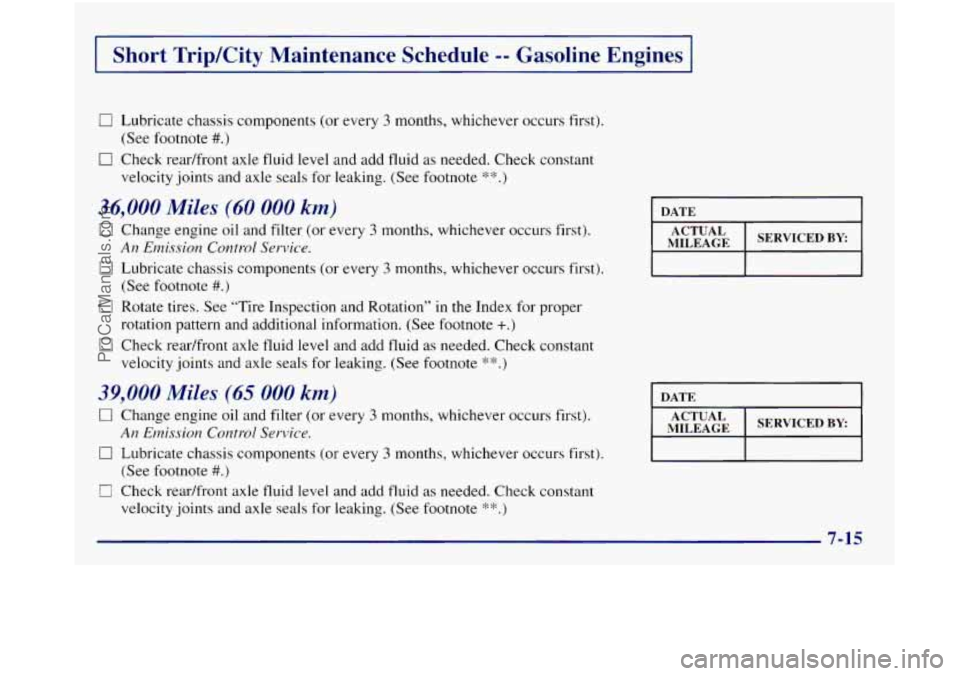 GMC SIERRA 1998 Owners Manual I Short TripKity Maintenance Schedule -- Gasoline Engines I
0 Lubricate chassis components (or every 3 months, whichever occurs first).
0 Check redfront axle fluid level and add fluid as GMC SIERRA 1998 Owners Manual I Short TripKity Maintenance Schedule -- Gasoline Engines I
0 Lubricate chassis components (or every 3 months, whichever occurs first).
0 Check redfront axle fluid level and add fluid as