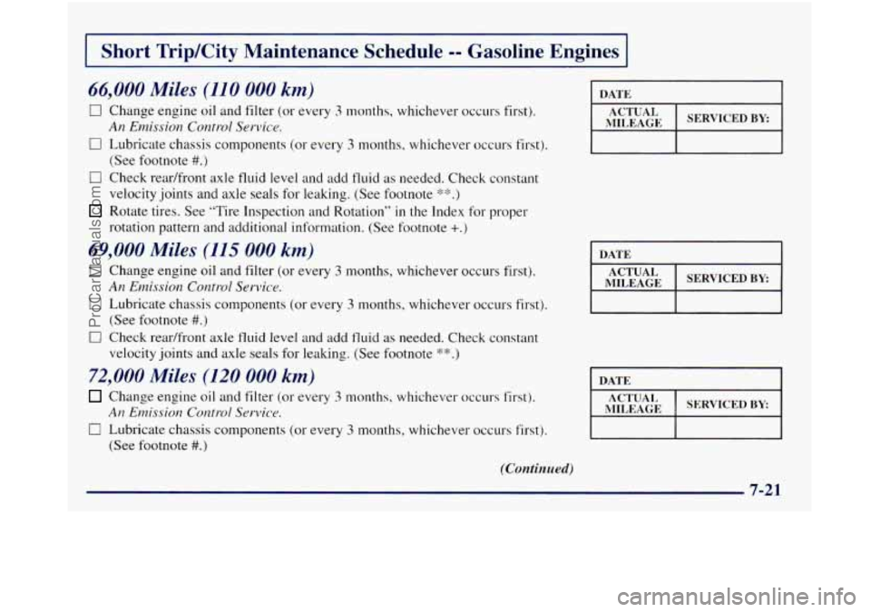 GMC SIERRA 1998  Owners Manual I Short  Trip/City  Maintenance  Schedule -- Gasoline  Engines I 
66,000 Miles (110 000 km) 
0 Change engine oil and filter (or every 3 months, whichever  occurs  first). 
0 Lubricate  chassis compone