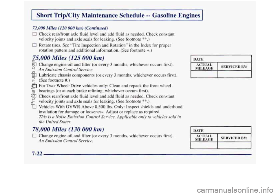 GMC SIERRA 1998  Owners Manual Short Trip/City  Maintenance  Schedule -- Gasoline  Engines 
72,000 Miles (120 000 km) (Continued) 
0 Check readfront  axle fluid level and  add fluid as needed. Check constant 
0 Rotate tires.  See 