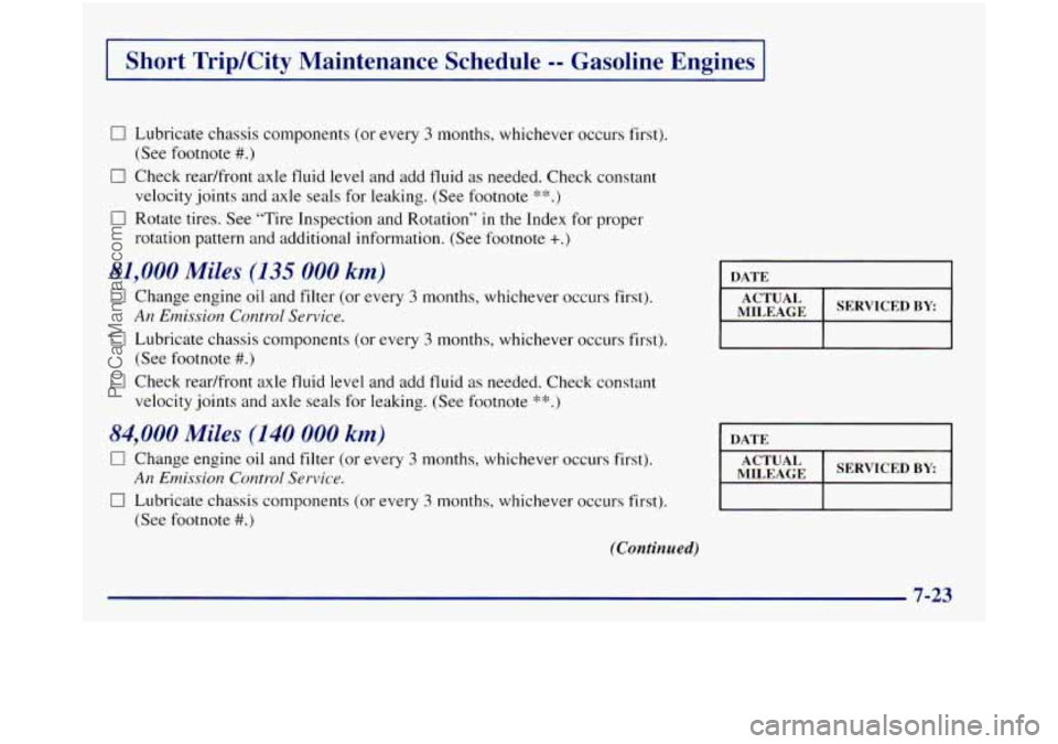 GMC SIERRA 1998  Owners Manual I Short  Trip/City  Maintenance  Schedule -- Gasoline  Engines 
0 Lubricate  chassis components (or  every 3 months, whichever  occurs  first). 
0 Check readfront  axle fluid level and add fluid as ne