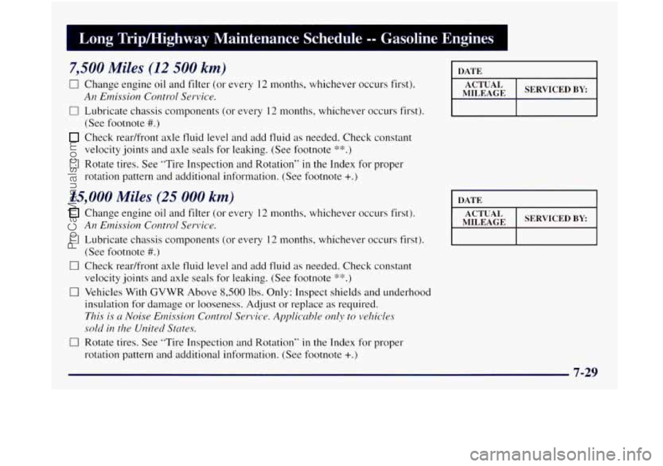 GMC SIERRA 1998  Owners Manual 1 Long  Trip/Highway  Maintenance  Schedule -- Gasoline  Engines 1 
7,500 Miles (12 500 km) 
0 Change engine oil and filter  (or  every 12 months, whichever  occurs  first). 
0 Lubricate chassis compo