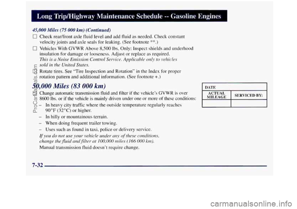 GMC SIERRA 1998 Owners Manual Long TriplHighway Maintenance Schedule -- -asoline Engines 1
45,000 Miles (75 000 km) (Continued)
0 Check readfront axle fluid level and add fluid as needed. Check constant
0 Vehicles With GMC SIERRA 1998 Owners Manual Long TriplHighway Maintenance Schedule -- -asoline Engines 1
45,000 Miles (75 000 km) (Continued)
0 Check readfront axle fluid level and add fluid as needed. Check constant
0 Vehicles With