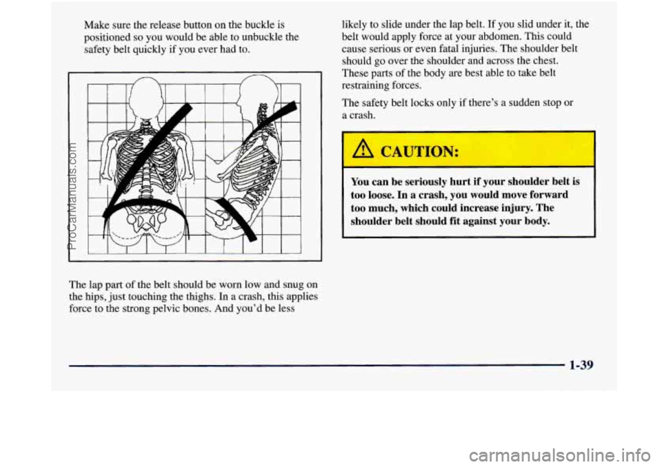 GMC SIERRA 1998 Workshop Manual Make  sure  the  release  button on the  buckle  is 
positioned 
so you  would  be able  to unbuckle  the 
safety  belt quickly  if you  ever  had to. 
1 
The  lap  part  of the  belt  should  be worn