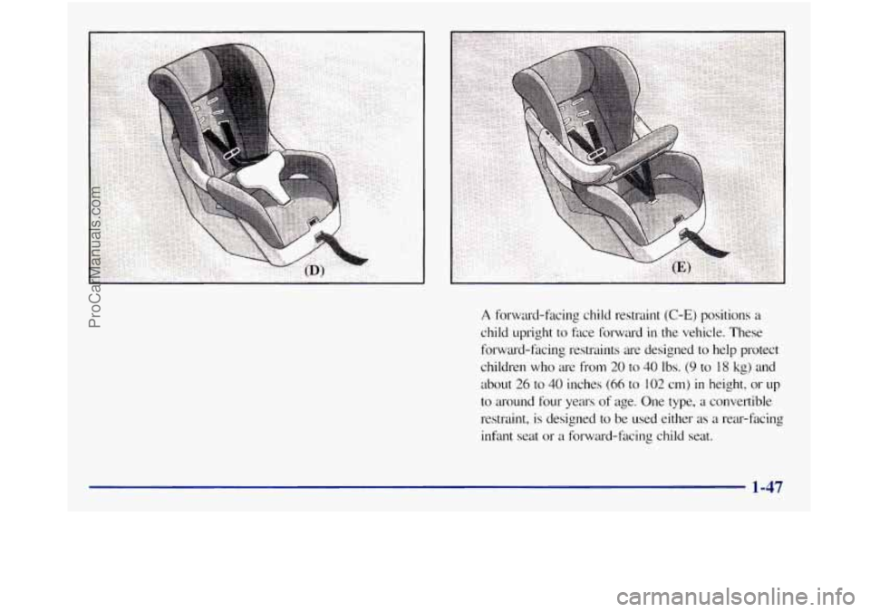 GMC SIERRA 1998 Workshop Manual A forward-facing  child  restraint (C-E) positions a 
child  upright to fxe folwa-d in the  vehicle.  These 
forward-facing  restraints 
a-e designed  to help  protect 
children 
who are from 20  to  