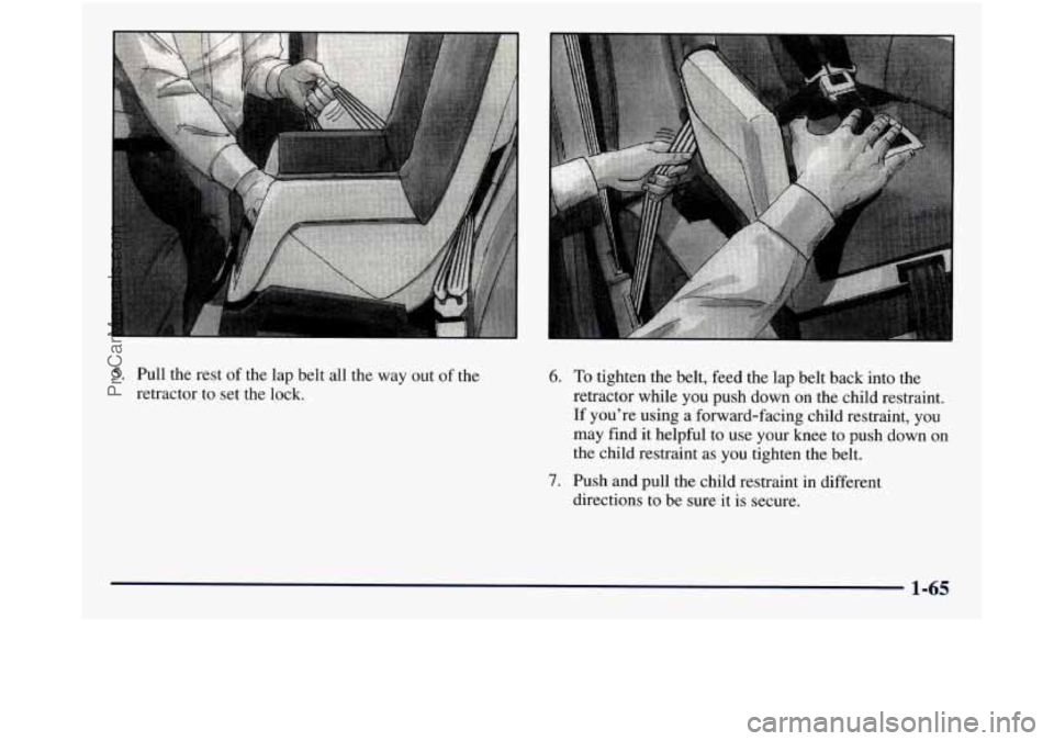 GMC SIERRA 1998 Manual PDF 5. Pull the rest of the lap belt all  the way  out of the 
retractor to set the lock. 6. To tighten the belt, feed the lap belt back into the 
retractor while  you push down  on the child restraint. 
