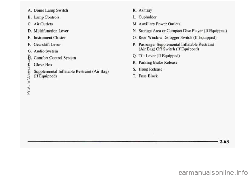 GMC SIERRA 1997 Owners Manual A. Dome Lamp Switch
B. Lamp Controls
C. Air Outlets
D. Multifunction Lever
E. Instrument Cluster
E Gearshift Lever
G. Audio System
H. Comfort Control System
I. Glove Box
J. Suppleme GMC SIERRA 1997 Owners Manual A. Dome Lamp Switch
B. Lamp Controls
C. Air Outlets
D. Multifunction Lever
E. Instrument Cluster
E Gearshift Lever
G. Audio System
H. Comfort Control System
I. Glove Box
J. Suppleme