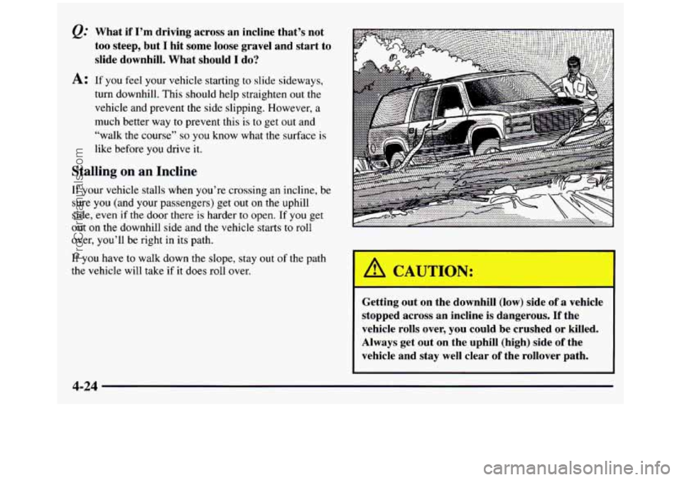 GMC SIERRA 1997 Owners Manual Qt What if I’m driving across an incline that’s not
too steep, but I hit some loose gravel and start to
slide downhill. What should I do?
A: If you feel your vehicle starting to GMC SIERRA 1997 Owners Manual Qt What if I’m driving across an incline that’s not
too steep, but I hit some loose gravel and start to
slide downhill. What should I do?
A: If you feel your vehicle starting to