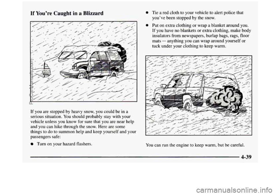GMC SIERRA 1997  Owners Manual If You’re Caught in a Blizzard a Tie a red  cloth to your  vehicle  to alert police  that 
you’ve  been  stopped by the  snow. 
If you  are  stopped  by heavy  snow, you could  be  in a 
serious s