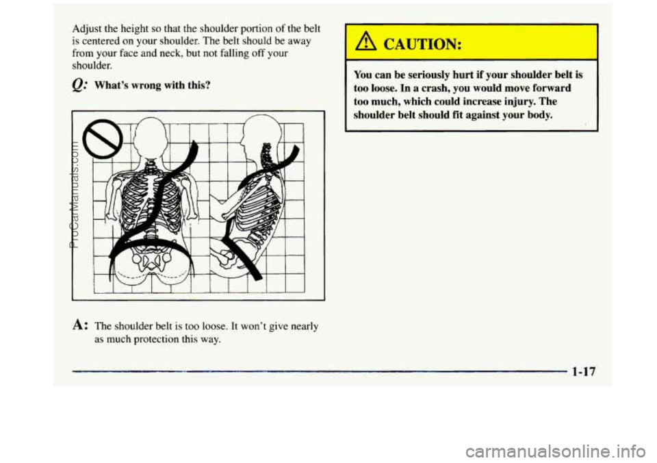 GMC SIERRA 1997 Owners Manual Adjust the height so that the shoulder portion of the belt
is centered on your shoulder. The belt should be away
from your face and neck, but not falling off your
shoulder.
&: What GMC SIERRA 1997 Owners Manual Adjust the height so that the shoulder portion of the belt
is centered on your shoulder. The belt should be away
from your face and neck, but not falling off your
shoulder.
&: What