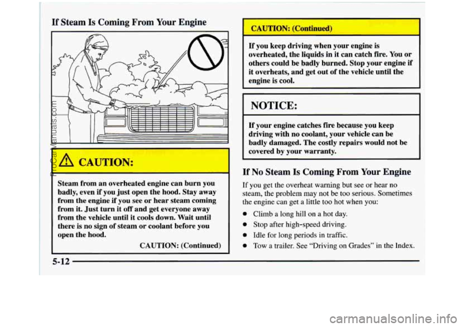 GMC SIERRA 1997 Owners Manual I
If Steam Is Coming From Your Engine
I A CAUTION:
Steam from an overheated engine can burn you
badly, even if you just open the hood. Stay away
from the engine
if you see or hea GMC SIERRA 1997 Owners Manual I
If Steam Is Coming From Your Engine
I A CAUTION:
Steam from an overheated engine can burn you
badly, even if you just open the hood. Stay away
from the engine
if you see or hea
