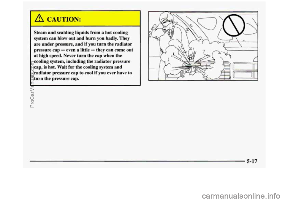 GMC SIERRA 1997 Owners Manual A CAUTION:
Steam and scalding liquids from a hot cooling
system can blow
out and burn you badly. They
are under pressure, and
if you turn the radiator
pressure cap
-- even a l GMC SIERRA 1997 Owners Manual A CAUTION:
Steam and scalding liquids from a hot cooling
system can blow
out and burn you badly. They
are under pressure, and
if you turn the radiator
pressure cap
-- even a l