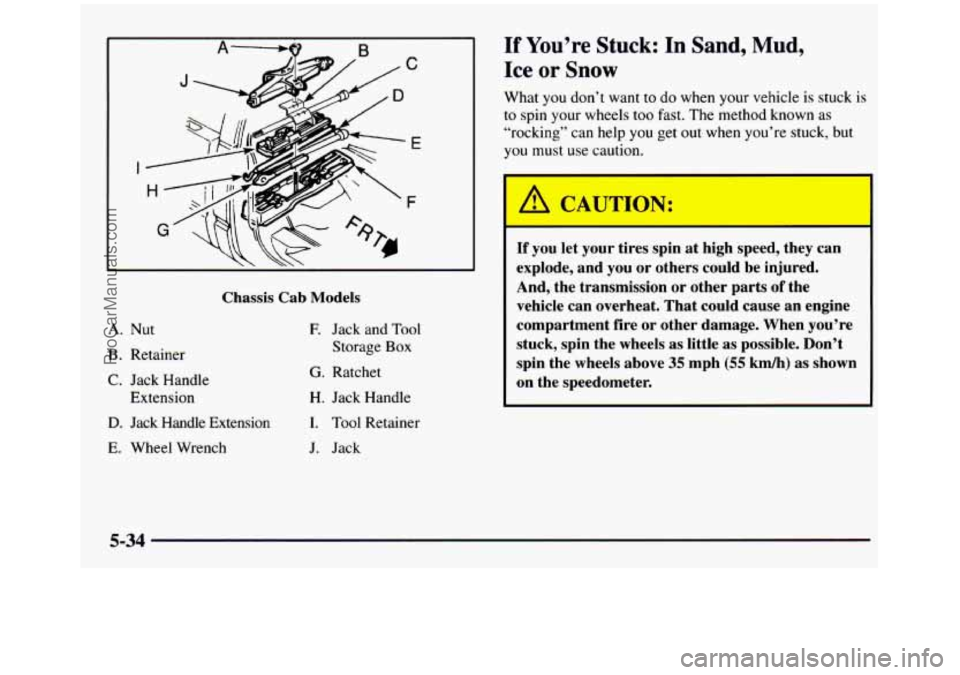 GMC SIERRA 1997 Owners Manual C
E
I
F
Chassis Cab Models
A. Nut
B. Retainer
C. Jack Handle
Extension
D. Jack Handle Extension
E. Wheel Wrench
E Jack and Tool
Storage Box
G. Ratchet
H. Jack Handle
I. Tool Ret GMC SIERRA 1997 Owners Manual C
E
I
F
Chassis Cab Models
A. Nut
B. Retainer
C. Jack Handle
Extension
D. Jack Handle Extension
E. Wheel Wrench
E Jack and Tool
Storage Box
G. Ratchet
H. Jack Handle
I. Tool Ret