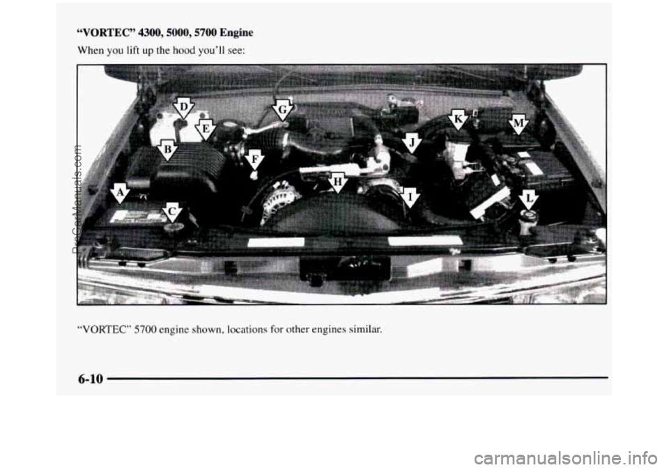 GMC SIERRA 1997  Owners Manual “VORTEC” 4300,5000,5700 Engine 
When you lift up the hood you’ll see: 
“VORTEC” 5700 engine  shown, locations for other  engines similar. 
6-10 
ProCarManuals.com 
