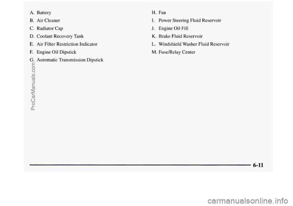 GMC SIERRA 1997  Owners Manual A. Battery 
B. Air  Cleaner 
C.  Radiator  Cap 
D. Coolant  Recovery  Tank 
E. Air Filter  Restriction  Indicator 
F. Engine Oil Dipstick 
G. Automatic  Transmission  Dipstick 
H. Fan 
I. Power  Steer