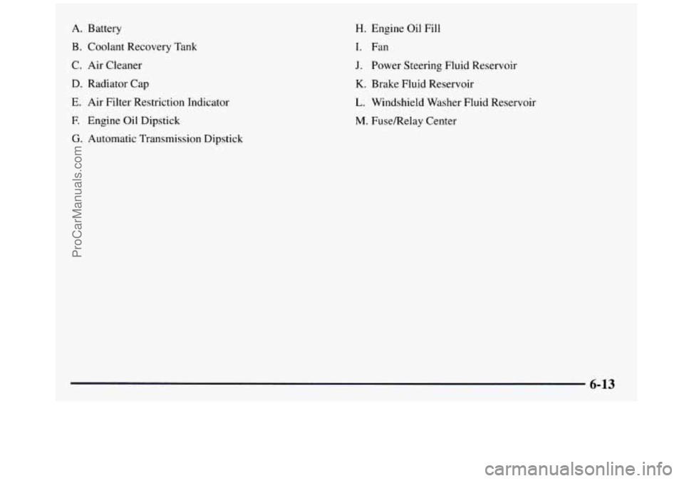 GMC SIERRA 1997  Owners Manual A. Battery 
B. Coolant  Recovery  Tank 
C.  Air  Cleaner 
D. Radiator  Cap 
E. Air  Filter  Restriction  Indicator 
E Engine  Oil  Dipstick 
G. Automatic  Transmission  Dipstick 
H. Engine  Oil  Fill 