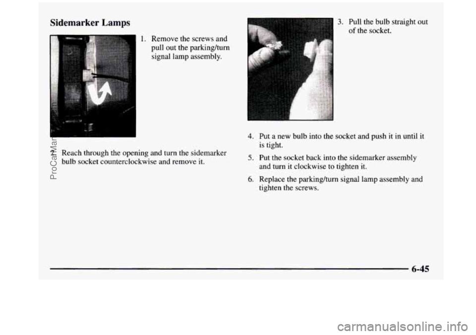 GMC SIERRA 1997 Owners Manual Sidemarker Lamps
1. Remove the screws and
pull out the parkinghum
signal lamp assembly.
2. Reach through the opening and turn the sidemarker
bulb socket counterclockwise and remo GMC SIERRA 1997 Owners Manual Sidemarker Lamps
1. Remove the screws and
pull out the parkinghum
signal lamp assembly.
2. Reach through the opening and turn the sidemarker
bulb socket counterclockwise and remo