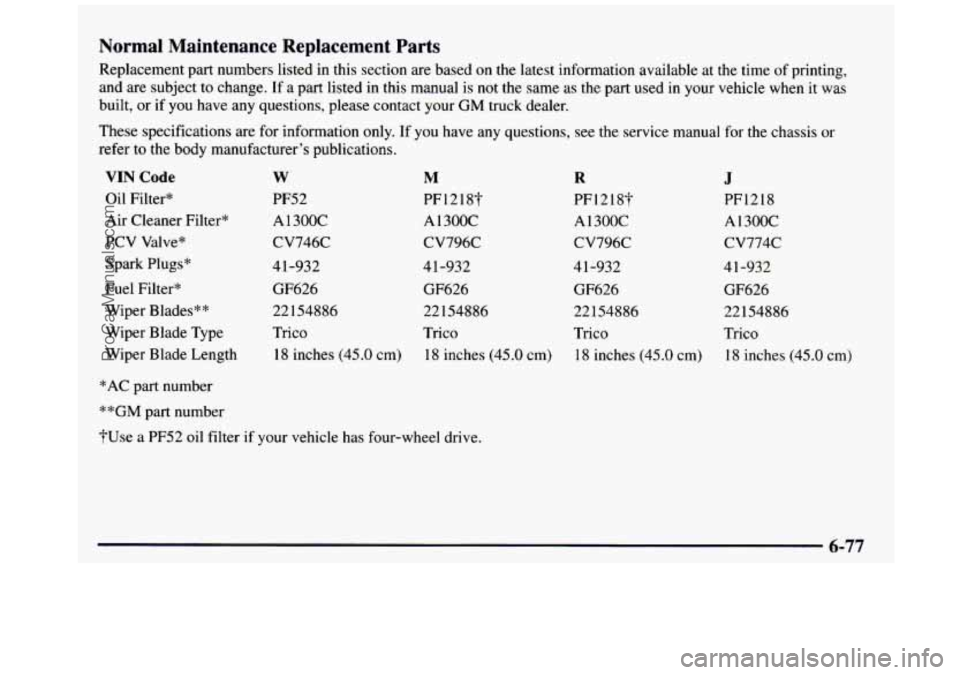 GMC SIERRA 1997  Owners Manual Normal  Maintenance  Replacement  Parts 
Replacement part  numbers  listed in this section are  based  on  the  latest  information  available at the time of printing, 
and  are  subject to change.  I