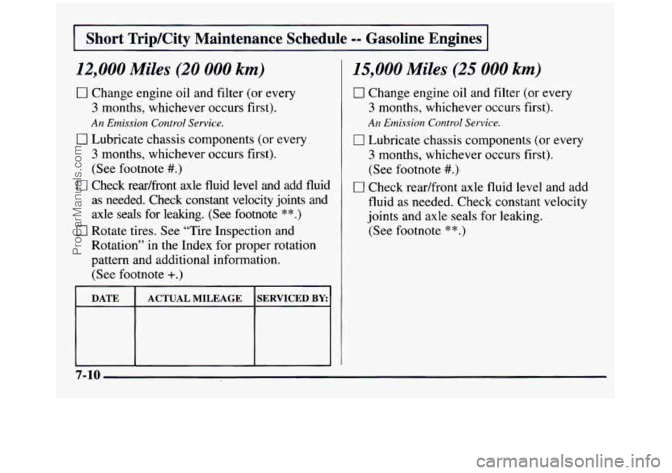 GMC SIERRA 1997 Owners Manual Short TripKity Maintenance Schedule -- Gasoline Engines
12,000 Miles (20 000 km)
0 Change engine oil and filter (or every
3 months, whichever occurs first).
An Emission Control Service.
0 Lu GMC SIERRA 1997 Owners Manual Short TripKity Maintenance Schedule -- Gasoline Engines
12,000 Miles (20 000 km)
0 Change engine oil and filter (or every
3 months, whichever occurs first).
An Emission Control Service.
0 Lu
