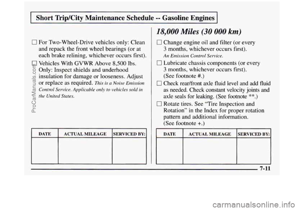 GMC SIERRA 1997 Owners Manual I Short TripKity Maintenance Schedule -- Gasoline Engines I
0 For Two-Wheel-Drive vehicles only: Clean
and repack the front wheel bearings (or at
each brake relining, whichever occurs fir GMC SIERRA 1997 Owners Manual I Short TripKity Maintenance Schedule -- Gasoline Engines I
0 For Two-Wheel-Drive vehicles only: Clean
and repack the front wheel bearings (or at
each brake relining, whichever occurs fir