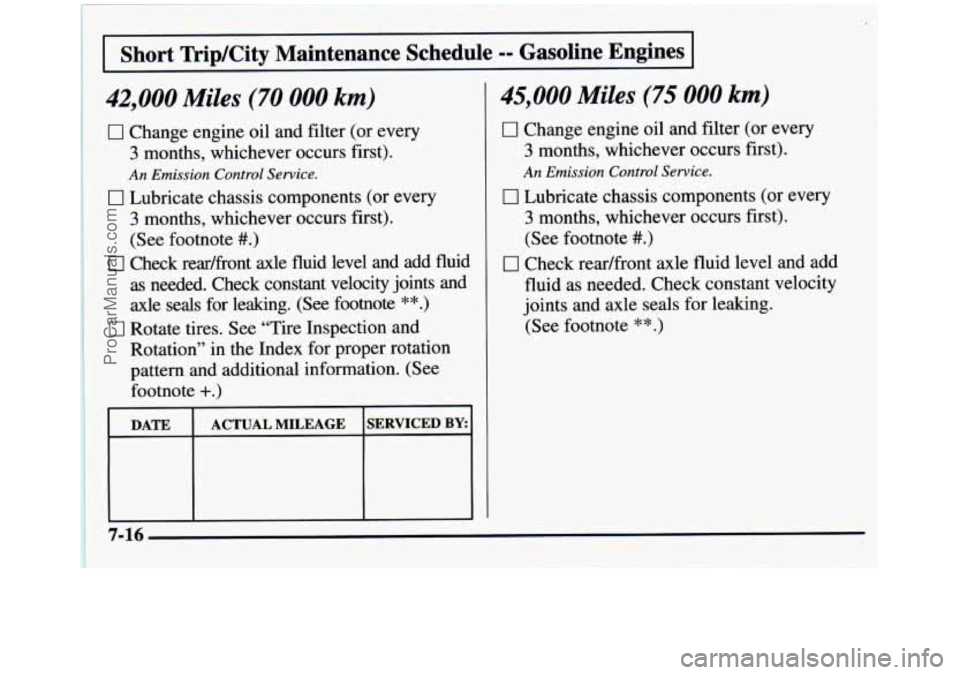GMC SIERRA 1997 Owners Manual Short TriplCity Maintenance Schedule -- Gasoline Engines
42,000 Miles (70 000 km)
0 Change engine oil and filter (or every
3 months, whichever occurs first).
An Emission Control Service.
0 GMC SIERRA 1997 Owners Manual Short TriplCity Maintenance Schedule -- Gasoline Engines
42,000 Miles (70 000 km)
0 Change engine oil and filter (or every
3 months, whichever occurs first).
An Emission Control Service.
0