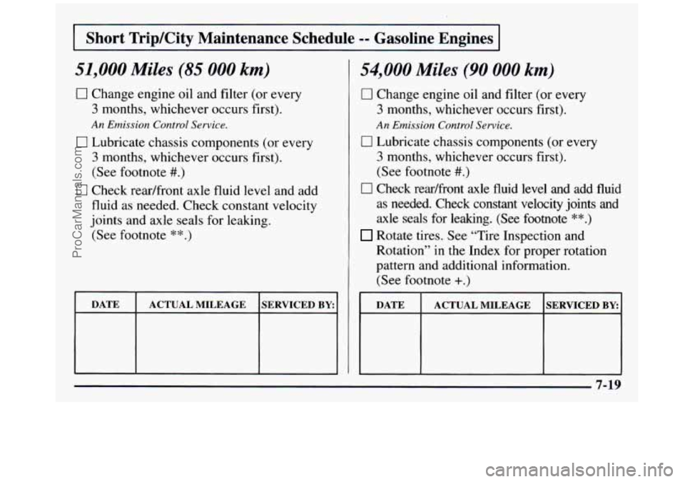 GMC SIERRA 1997 Owners Manual I Short TripKity Maintenance Schedule -= Gasoline Engines I
51,000 Miles (85 000 km)
0 Change engine oil and filter (or every
3 months, whichever occurs first).
An Emission Control Service.
GMC SIERRA 1997 Owners Manual I Short TripKity Maintenance Schedule -= Gasoline Engines I
51,000 Miles (85 000 km)
0 Change engine oil and filter (or every
3 months, whichever occurs first).
An Emission Control Service.
