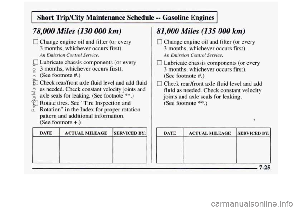 GMC SIERRA 1997 Owners Manual I Short Trip/City Maintenance Schedule =- Gasoline Engines I
78,000 Miles (130 000 km)
17 Change engine oil and filter (or every
3 months, whichever occurs first).
An Emission Control Service. GMC SIERRA 1997 Owners Manual I Short Trip/City Maintenance Schedule =- Gasoline Engines I
78,000 Miles (130 000 km)
17 Change engine oil and filter (or every
3 months, whichever occurs first).
An Emission Control Service.
