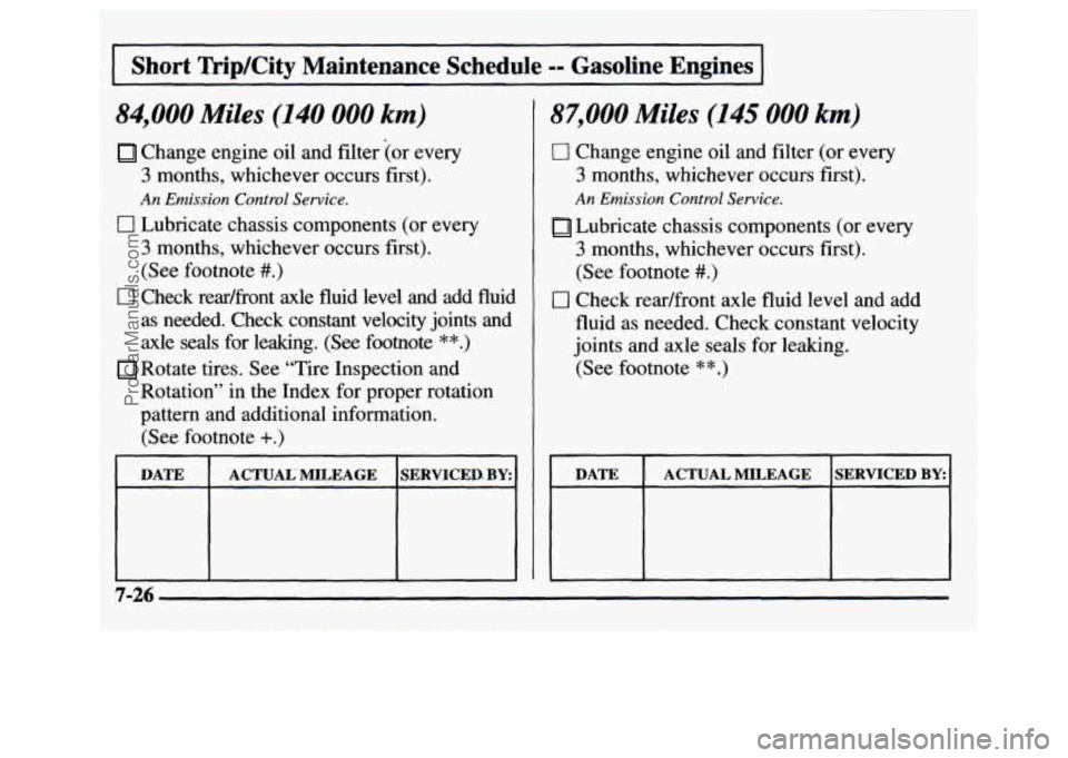 GMC SIERRA 1997 Owners Manual Short TripKity Maintenance Schedule -= Gasoline Engines
84,000 Miles (140 000 km)
Change engine oil and filter (or every
3 months, whichever occurs first).
An Emission Control Service.
0 GMC SIERRA 1997 Owners Manual Short TripKity Maintenance Schedule -= Gasoline Engines
84,000 Miles (140 000 km)
Change engine oil and filter (or every
3 months, whichever occurs first).
An Emission Control Service.
0