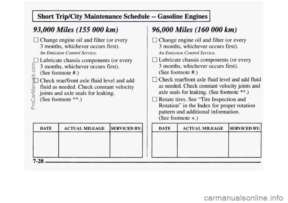 GMC SIERRA 1997 Owners Manual Short TripKity Maintenance Schedule -- Gasoline Engines
93,000 Miles (155 000 km)
0 Change engine oil and filter (or every
3 months, whichever occurs first).
An Emission Control Service.
0 L GMC SIERRA 1997 Owners Manual Short TripKity Maintenance Schedule -- Gasoline Engines
93,000 Miles (155 000 km)
0 Change engine oil and filter (or every
3 months, whichever occurs first).
An Emission Control Service.
0 L