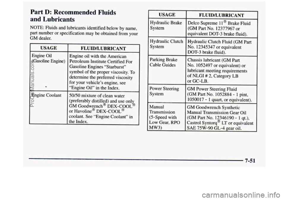 GMC SIERRA 1997 Owners Manual Part D: Recommended Fluids
and Lubricants
NOTE: Fluids and lubricants identified below by name,
part number or specification may be obtained from your
GM dealer.
USAGE
Engine Oil GMC SIERRA 1997 Owners Manual Part D: Recommended Fluids
and Lubricants
NOTE: Fluids and lubricants identified below by name,
part number or specification may be obtained from your
GM dealer.
USAGE
Engine Oil