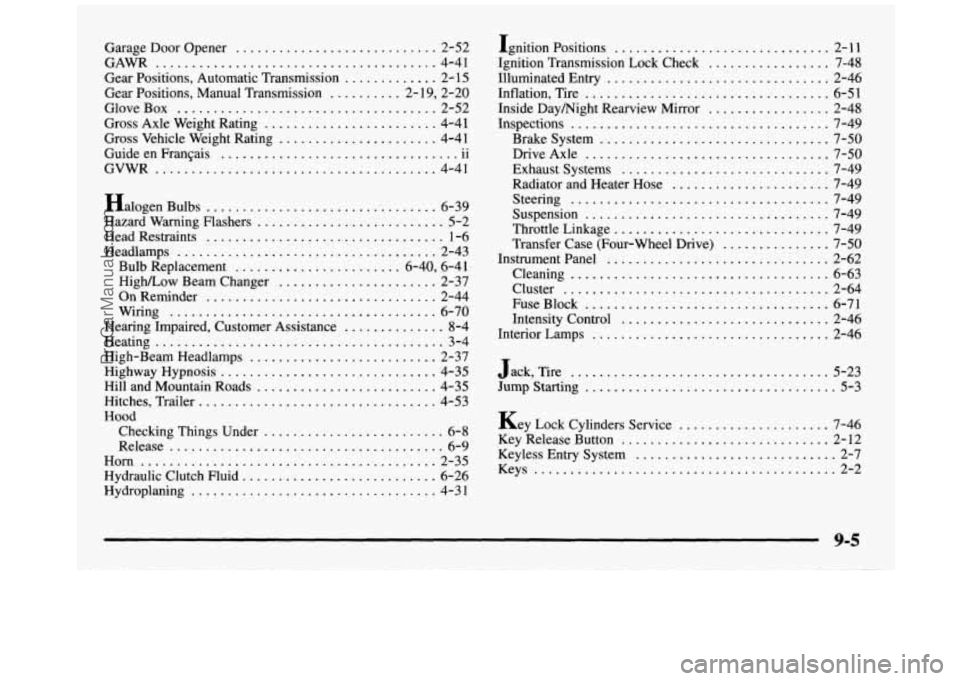 GMC SIERRA 1997 Owners Manual Garage Door Opener ............................ 2-52
GAWR
....................................... 4-41
Gear Positions. Automatic Transmission
............. 2- 15
Gear Positions. Manual Transmiss GMC SIERRA 1997 Owners Manual Garage Door Opener ............................ 2-52
GAWR
....................................... 4-41
Gear Positions. Automatic Transmission
............. 2- 15
Gear Positions. Manual Transmiss
