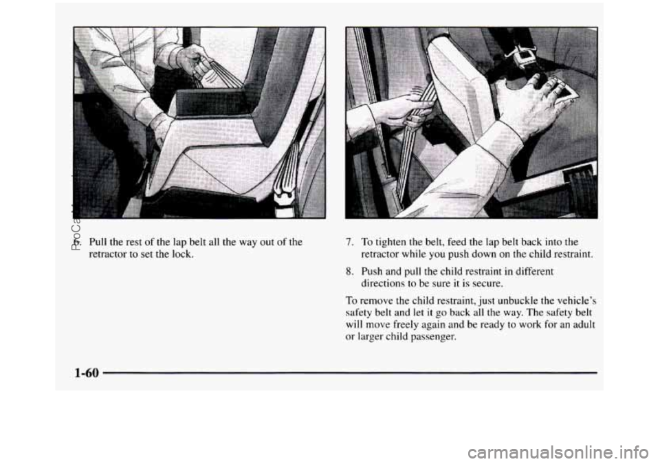GMC SIERRA 1997 Repair Manual 6. Pull the rest of the lap belt all the way out of the
retractor to set the lock.
7. To tighten the belt, feed the lap belt back into the
8. Push and pull the child restraint i GMC SIERRA 1997 Repair Manual 6. Pull the rest of the lap belt all the way out of the
retractor to set the lock.
7. To tighten the belt, feed the lap belt back into the
8. Push and pull the child restraint i