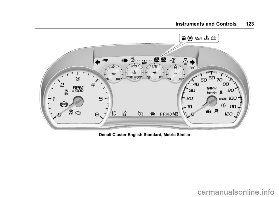 GMC SIERRA 1500 2017 Owners Manual GMC Sierra/Sierra Denali Owner Manual (GMNA-Localizing-U.S./Canada/
Mexico-9955992) - 2017 - crc - 5/3/16
Instruments and Controls 123
Denali Cluster English Standard, Metric Similar GMC SIERRA 1500 2017 Owners Manual GMC Sierra/Sierra Denali Owner Manual (GMNA-Localizing-U.S./Canada/
Mexico-9955992) - 2017 - crc - 5/3/16
Instruments and Controls 123
Denali Cluster English Standard, Metric Similar