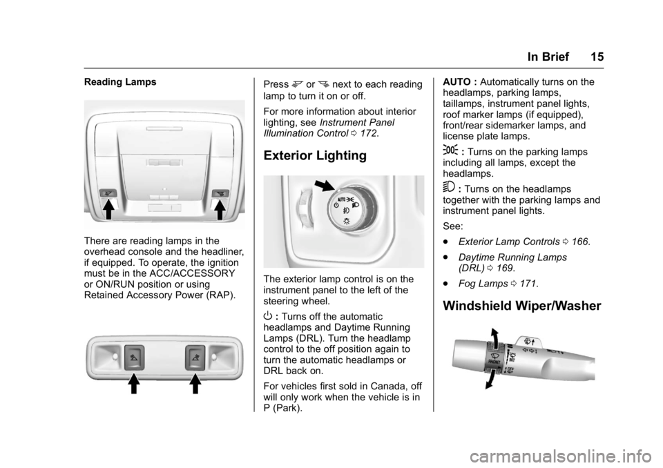 GMC SIERRA 1500 2017 User Guide GMC Sierra/Sierra Denali Owner Manual (GMNA-Localizing-U.S./Canada/
Mexico-9955992) - 2017 - crc - 5/3/16
In Brief 15
Reading Lamps
There are reading lamps in the
overhead console and the headliner,
i