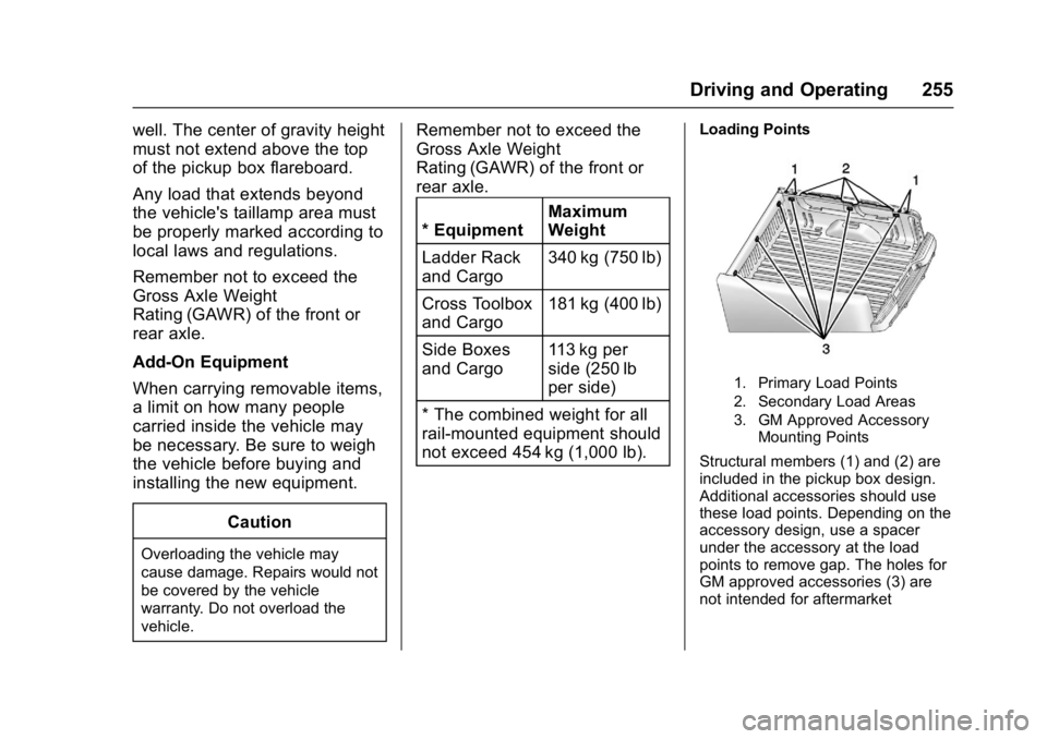 GMC SIERRA 1500 2017  Owners Manual GMC Sierra/Sierra Denali Owner Manual (GMNA-Localizing-U.S./Canada/
Mexico-9955992) - 2017 - crc - 5/3/16
Driving and Operating 255
well. The center of gravity height
must not extend above the top
of 