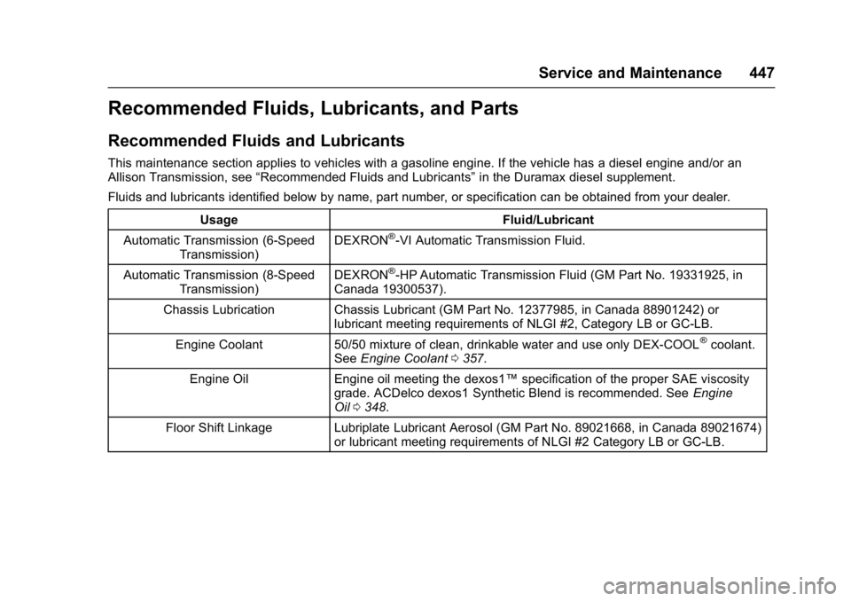 GMC SIERRA 1500 2017  Owners Manual GMC Sierra/Sierra Denali Owner Manual (GMNA-Localizing-U.S./Canada/
Mexico-9955992) - 2017 - crc - 5/3/16
Service and Maintenance 447
Recommended Fluids, Lubricants, and Parts
Recommended Fluids and L