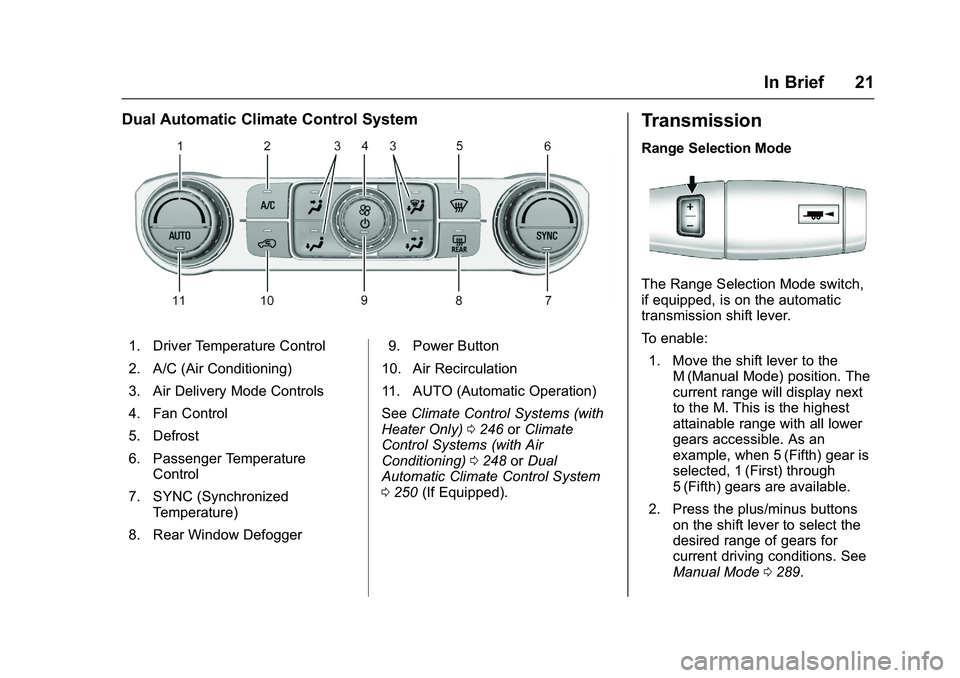 GMC SIERRA 1500 2016 Owners Manual GMC Sierra Owner Manual (GMNA-Localizing-U.S./Canada/Mexico-
9234758) - 2016 - crc - 11/9/15
In Brief 21
Dual Automatic Climate Control System
1. Driver Temperature Control
2. A/C (Air Conditioning)
3