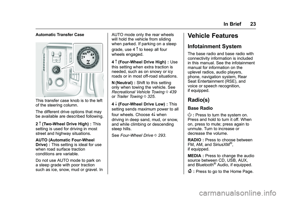 GMC SIERRA 1500 2016 Owners Manual GMC Sierra Owner Manual (GMNA-Localizing-U.S./Canada/Mexico-
9234758) - 2016 - crc - 11/9/15
In Brief 23
Automatic Transfer Case
This transfer case knob is to the left
of the steering column.
The diff