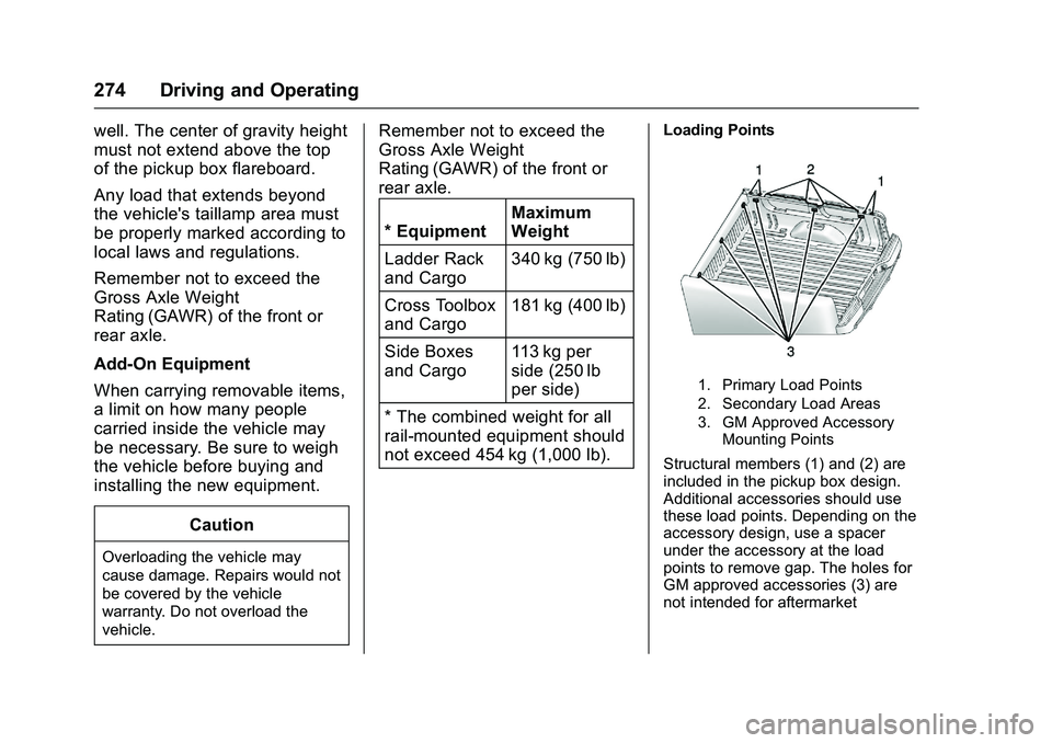 GMC SIERRA 1500 2016 Owners Manual GMC Sierra Owner Manual (GMNA-Localizing-U.S./Canada/Mexico-
9234758) - 2016 - crc - 11/9/15
274 Driving and Operating
well. The center of gravity height
must not extend above the top
of the pickup bo GMC SIERRA 1500 2016 Owners Manual GMC Sierra Owner Manual (GMNA-Localizing-U.S./Canada/Mexico-
9234758) - 2016 - crc - 11/9/15
274 Driving and Operating
well. The center of gravity height
must not extend above the top
of the pickup bo