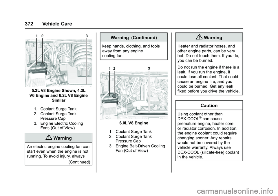 GMC SIERRA 1500 2016 Owners Manual GMC Sierra Owner Manual (GMNA-Localizing-U.S./Canada/Mexico-
9234758) - 2016 - crc - 11/9/15
372 Vehicle Care
5.3L V8 Engine Shown, 4.3L
V6 Engine and 6.2L V8 Engine Similar
1. Coolant Surge Tank
2. C GMC SIERRA 1500 2016 Owners Manual GMC Sierra Owner Manual (GMNA-Localizing-U.S./Canada/Mexico-
9234758) - 2016 - crc - 11/9/15
372 Vehicle Care
5.3L V8 Engine Shown, 4.3L
V6 Engine and 6.2L V8 Engine Similar
1. Coolant Surge Tank
2. C