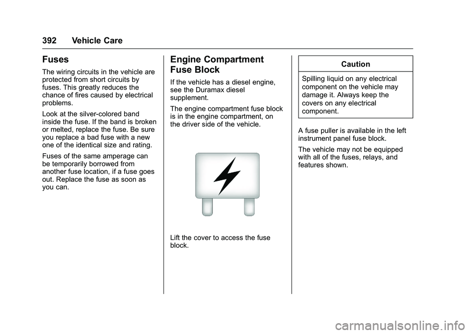 GMC SIERRA 1500 2016  Owners Manual GMC Sierra Owner Manual (GMNA-Localizing-U.S./Canada/Mexico-
9234758) - 2016 - crc - 11/9/15
392 Vehicle Care
Fuses
The wiring circuits in the vehicle are
protected from short circuits by
fuses. This 