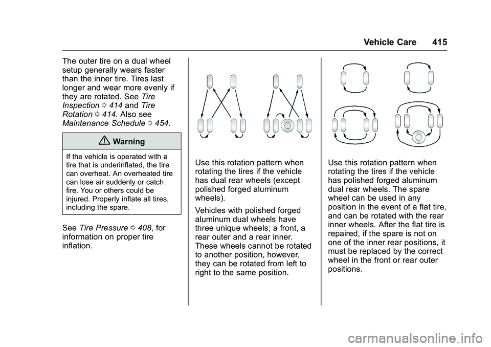 GMC SIERRA 1500 2016 Owners Manual GMC Sierra Owner Manual (GMNA-Localizing-U.S./Canada/Mexico-
9234758) - 2016 - crc - 11/9/15
Vehicle Care 415
The outer tire on a dual wheel
setup generally wears faster
than the inner tire. Tires las GMC SIERRA 1500 2016 Owners Manual GMC Sierra Owner Manual (GMNA-Localizing-U.S./Canada/Mexico-
9234758) - 2016 - crc - 11/9/15
Vehicle Care 415
The outer tire on a dual wheel
setup generally wears faster
than the inner tire. Tires las