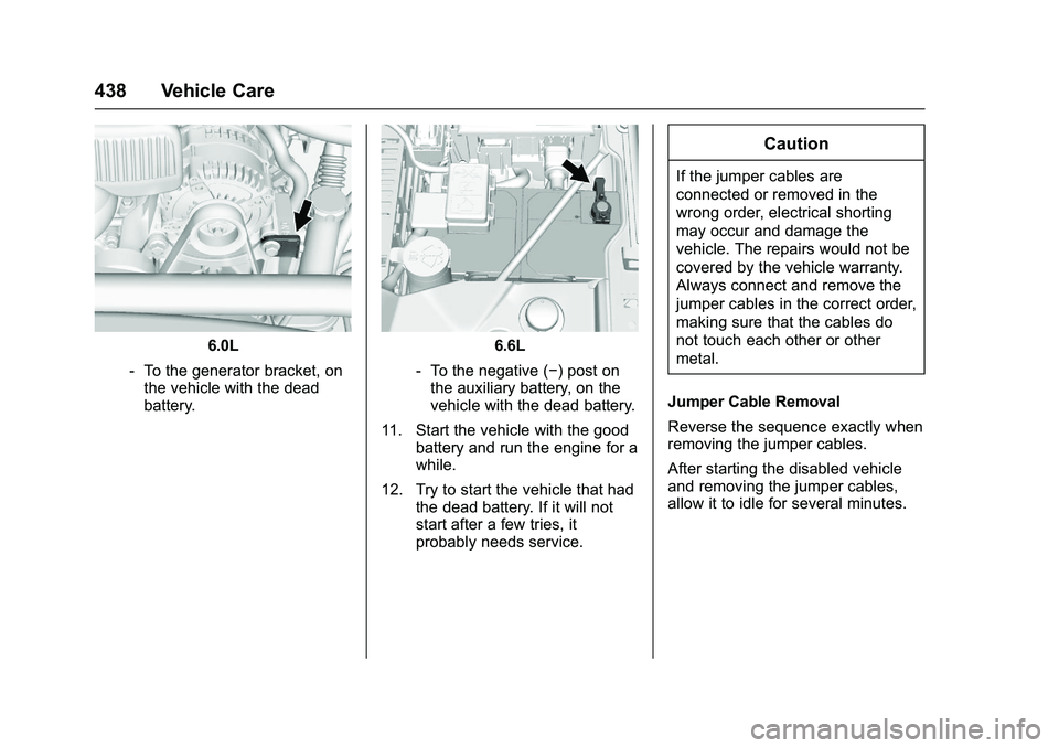 GMC SIERRA 1500 2016 Owners Manual GMC Sierra Owner Manual (GMNA-Localizing-U.S./Canada/Mexico-
9234758) - 2016 - crc - 11/9/15
438 Vehicle Care
6.0L
‐ To the generator bracket, on
the vehicle with the dead
battery.6.6L
‐ To the ne GMC SIERRA 1500 2016 Owners Manual GMC Sierra Owner Manual (GMNA-Localizing-U.S./Canada/Mexico-
9234758) - 2016 - crc - 11/9/15
438 Vehicle Care
6.0L
‐ To the generator bracket, on
the vehicle with the dead
battery.6.6L
‐ To the ne