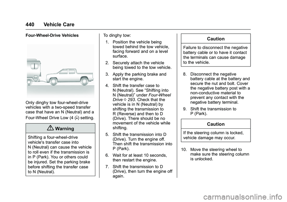 GMC SIERRA 1500 2016 Owners Manual GMC Sierra Owner Manual (GMNA-Localizing-U.S./Canada/Mexico-
9234758) - 2016 - crc - 11/9/15
440 Vehicle Care
Four-Wheel-Drive Vehicles
Only dinghy tow four-wheel-drive
vehicles with a two-speed trans GMC SIERRA 1500 2016 Owners Manual GMC Sierra Owner Manual (GMNA-Localizing-U.S./Canada/Mexico-
9234758) - 2016 - crc - 11/9/15
440 Vehicle Care
Four-Wheel-Drive Vehicles
Only dinghy tow four-wheel-drive
vehicles with a two-speed trans